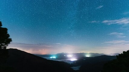 Wall Mural - Spinning night sky and bright city lights, time lapse