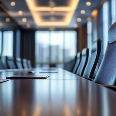 Poster - A large conference room with a long table and many chairs. The chairs are black and the table is made of wood