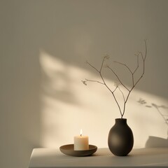 Wall Mural - Elegant minimalist composition featuring a ceramic vase, candle, and branches casting shadows on a neutral backdrop.