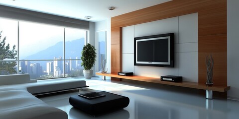 Poster - A living room with a large flat screen television on a wall. A potted plant is on a table in front of the television