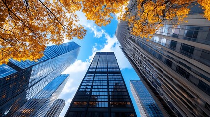 Poster - Autumn Leaves Framing Urban Skyscrapers Against Blue Sky Perspective of Seasonal Cityscape : Generative AI