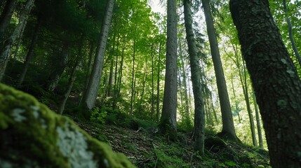 Poster - Lush Green Forest Amidst Tall Trees and Dense Vegetation in a Peaceful Setting : Generative AI