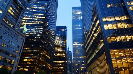Aufkleber - City Skyscrapers Illuminated at Dusk Capturing Vibrant Urban Energy : Generative AI