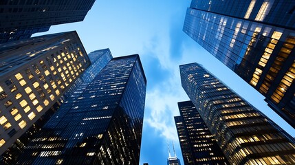 Poster - Dramatic Skyscrapers Against a Blue Sky in a Growing Financial District : Generative AI