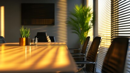 Poster - A large conference table with a potted plant and a vase of flowers on it