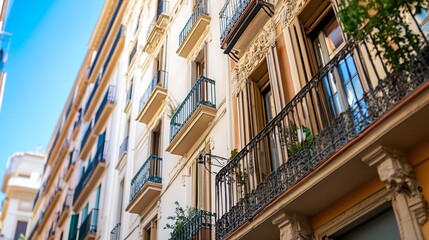 Aufkleber - Colorful Facade of European Apartment Buildings with Iron Balconies and Windows : Generative AI