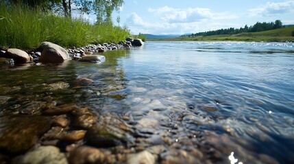 Aufkleber - Clear River Stones in Shallow Stream Reflecting Blue Sky and Greenery : Generative AI