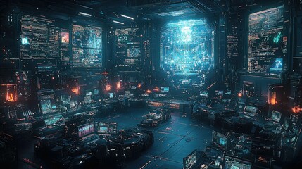 Poster - Futuristic Cybernetic Control Room Filled With Data Streams