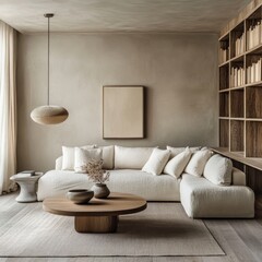 Poster - Elegant minimalist living room with neutral colors, modern furniture, and cozy atmosphere. Perfect for interior design inspiration.