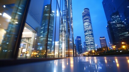Aufkleber - City skyscrapers illuminated at dusk reflected in modern building : Generative AI