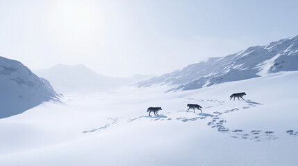 Wall Mural - Wolves playing in fresh snow under clear winter sky