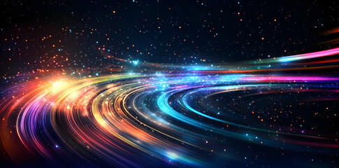 Wall Mural - Vibrant light trails create a dynamic abstract composition in a starry space setting