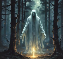 Illustration of glowing ghost in creepy forest.