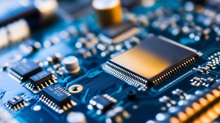 Fototapete - Blurred Microchip on Circuit Board with Various Electronic Components : Generative AI
