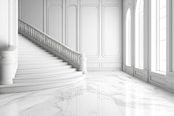 Poster - Stunning interior showcasing a grand staircase with elegant marble flooring, bright windows illuminating the space, perfect for luxury and sophisticated design concepts.