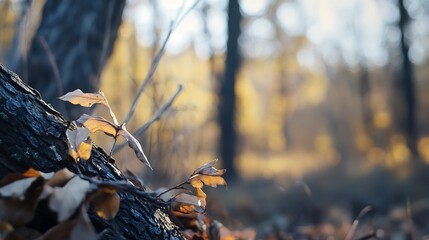 Poster - Golden autumn leaves on a fallen log in a tranquil forest scene : Generative AI