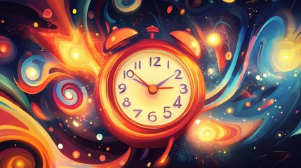 Wall Mural - Surreal alarm clock in vibrant cosmic swirl.