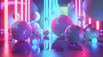Poster - An abstract 3D rendering of a futuristic and vibrant scene with spheres and glowing neon lights.