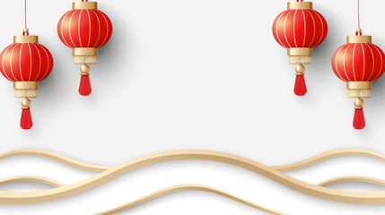 Wall Mural - Chinese New Year Red Lanterns with Golden Accents Featuring Minimalist Design and Flowing Curves for Festive Celebrations and Cultural Events Background in Soft Colors