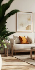 Poster - A stylish living room featuring a minimalist design with a cozy sofa, warm decor, and natural light enhancing the serene atmosphere.