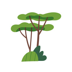 Poster - Trees and shrubs. Green forest plants, deciduous leaf crown on trunks and bushes. Greenery, decorative design element for nature, environment. Flat vector illustration isolated on white background