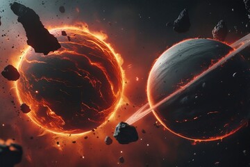 Wall Mural - a stunning cosmic scene featuring two planets in close proximity against a dark backdrop filled with scattered asteroids. 