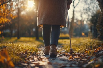 A person with a cane is walking on a path with leaves on the ground