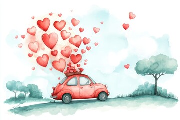  A whimsical illustration of a red car surrounded by floating hearts, symbolizing love and adventure amidst a serene landscape.