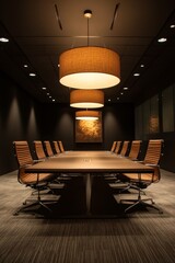 Poster - A large conference room with a long table and many chairs. The room is dimly lit and has a serious atmosphere