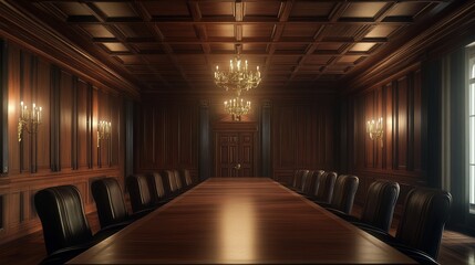 Poster - A large room with a long table and many chairs. The room is very dark and the light is coming from the ceiling