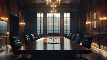 Poster - A large room with a long table and many chairs. The room is dimly lit and has a formal atmosphere