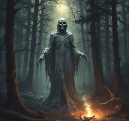 Wall Mural - Illustration of glowing ghost in creepy forest.