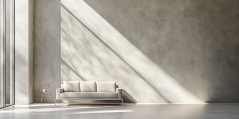 Wall Mural - A modern living room featuring a minimalist design with a concrete wall, sunlight streaming in, and a sleek sofa.