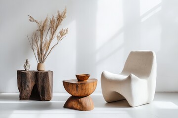 Poster - A stylish minimalist interior featuring sculptural furniture and natural decor elements in a sunlit room with white walls.