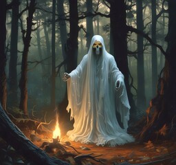 Wall Mural - Illustration of glowing ghost in creepy forest.