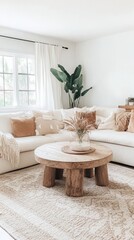 Poster - Bright and airy living room with neutral decor, featuring a large sofa, wooden coffee table, and indoor plant.