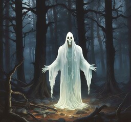 Wall Mural - Illustration of glowing ghost in creepy forest.