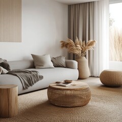 Poster - A serene living room showcasing minimalist design with neutral colors, natural textures, and stylish decor, creating a cozy and inviting atmosphere.
