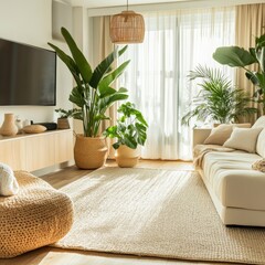 Poster - Bright and airy living room featuring lush indoor plants, natural textures, and modern Scandinavian decor.