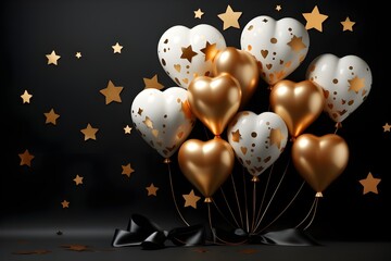 Wall Mural - A 3D rendered Valentine's Day greeting card with white and gold balloons, confetti, and 3D stars on a black background, perfect for Women's Day or Mother's Day celebration banners.