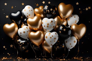 Wall Mural - A 3D rendered Valentine's Day greeting card with white and gold balloons, confetti, and 3D stars on a black background, perfect for Women's Day or Mother's Day celebration banners.