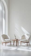 Poster - Two white chairs are facing each other. A table is in between them. A vase with a plant is on the table