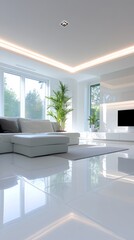 Poster - Bright and spacious minimalist living room featuring a white sofa, large windows, and sleek design elements.
