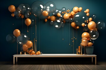 Wall Mural - A 3D render of flying balloons on sticks against a dark blue and gold background, with a round transparent glass frame and empty space for product display or holiday messages.