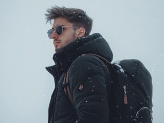 Sticker - Man in sunglasses and backpack in snowy landscape