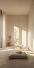 Poster - A peaceful minimalist room with soft sunlight, cushions, and a potted plant, perfect for meditation or relaxation.