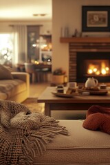 Wall Mural - A living room with a fireplace and a couch with a blanket on it. A coffee table with a bowl of cookies and a teapot