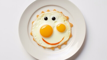 Funny scrambled eggs in a plate on a white background, funny character with a smile and eyes