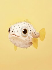 Wall Mural - A quirky and adorable cartoon pufferfish, floating with a slight tilt, in front of a soft pastel yellow background. 