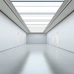 Poster - This minimalist gallery features open space with glass walls and bright skylights, creating a serene and inviting atmosphere perfect for exhibitions or artistic displays.